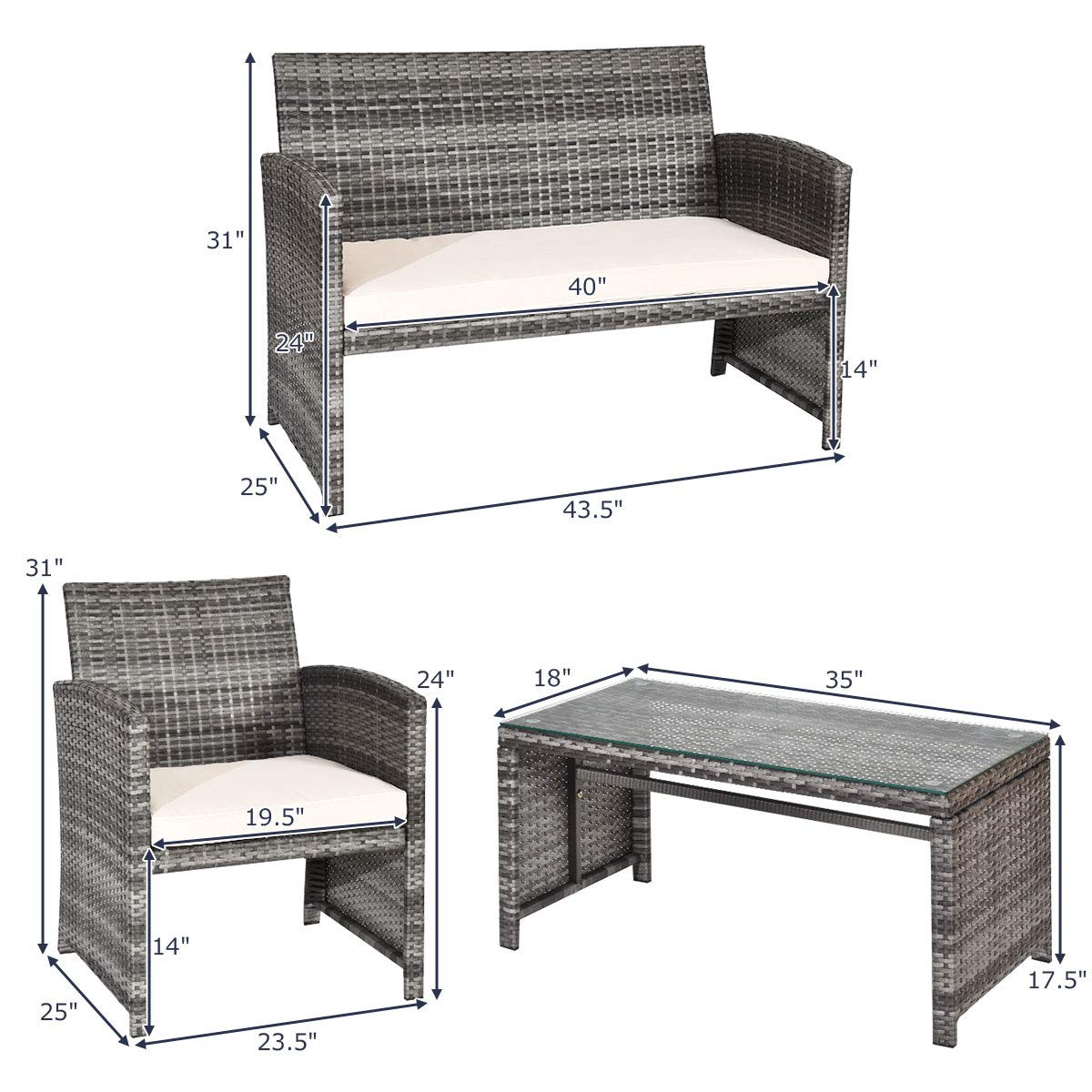 4 PCS Wicker Patio Conversation Set, Outdoor Rattan Sofas with Table Set, Pat…