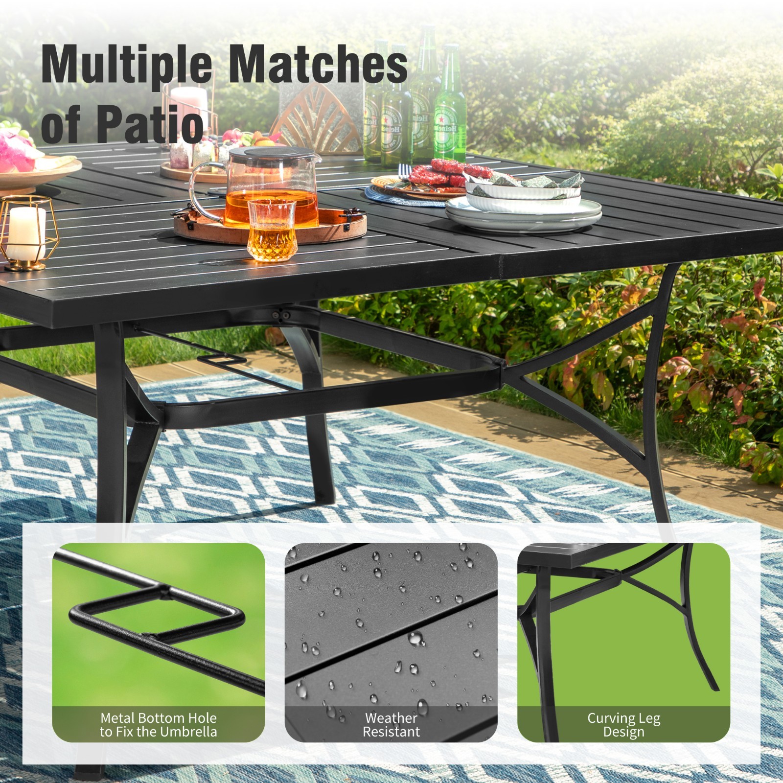 9PCS Outdoor Dining Set Stackable Chairs Square Metal Table with Umbrella Hole