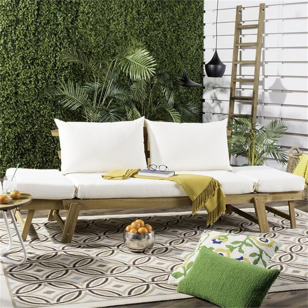 Pemberly Row Contemporary Acacia Wood Outdoor Daybed in Teak Brown/Beige