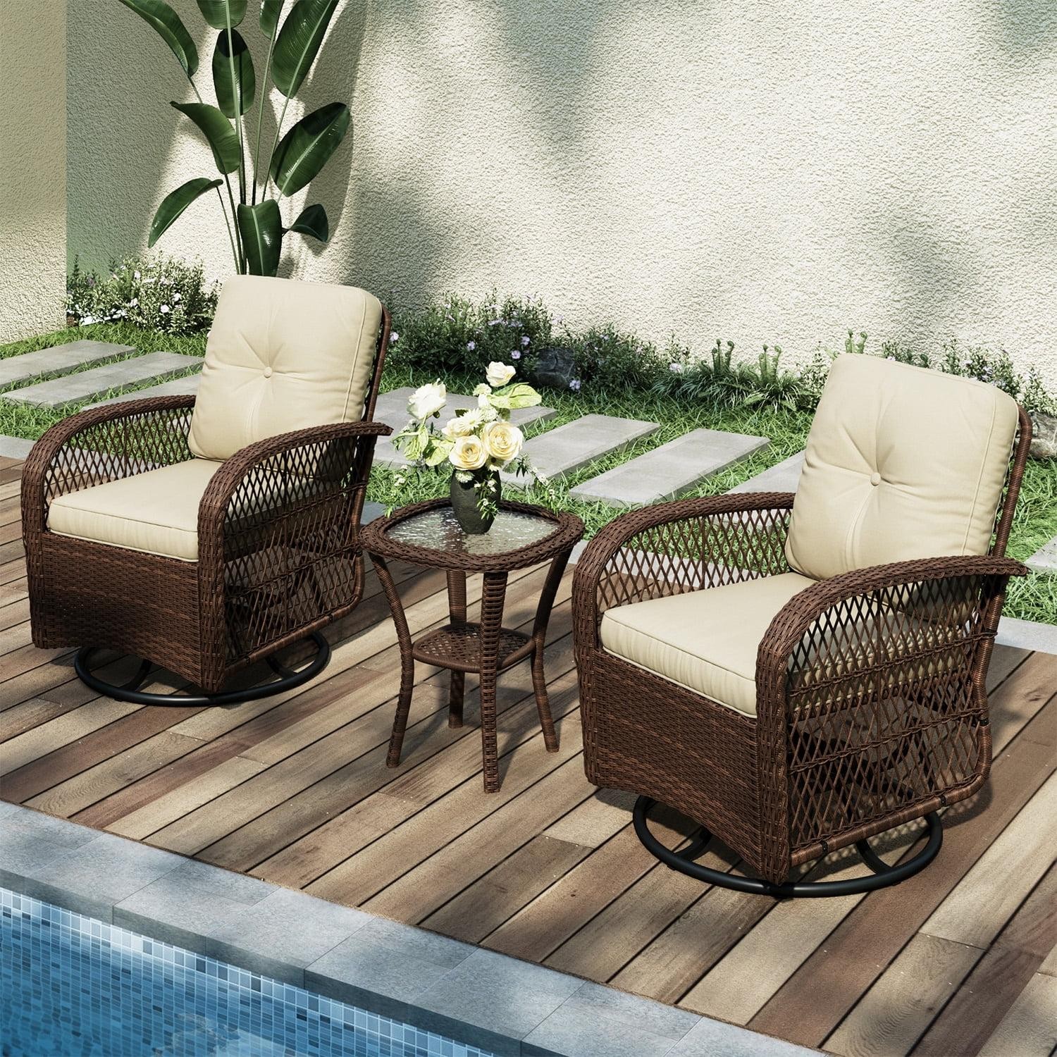 3 PCS Swivel Glider Chairs Wicker Rattan Bistro Set Outdoor Table 2 Chairs Beige