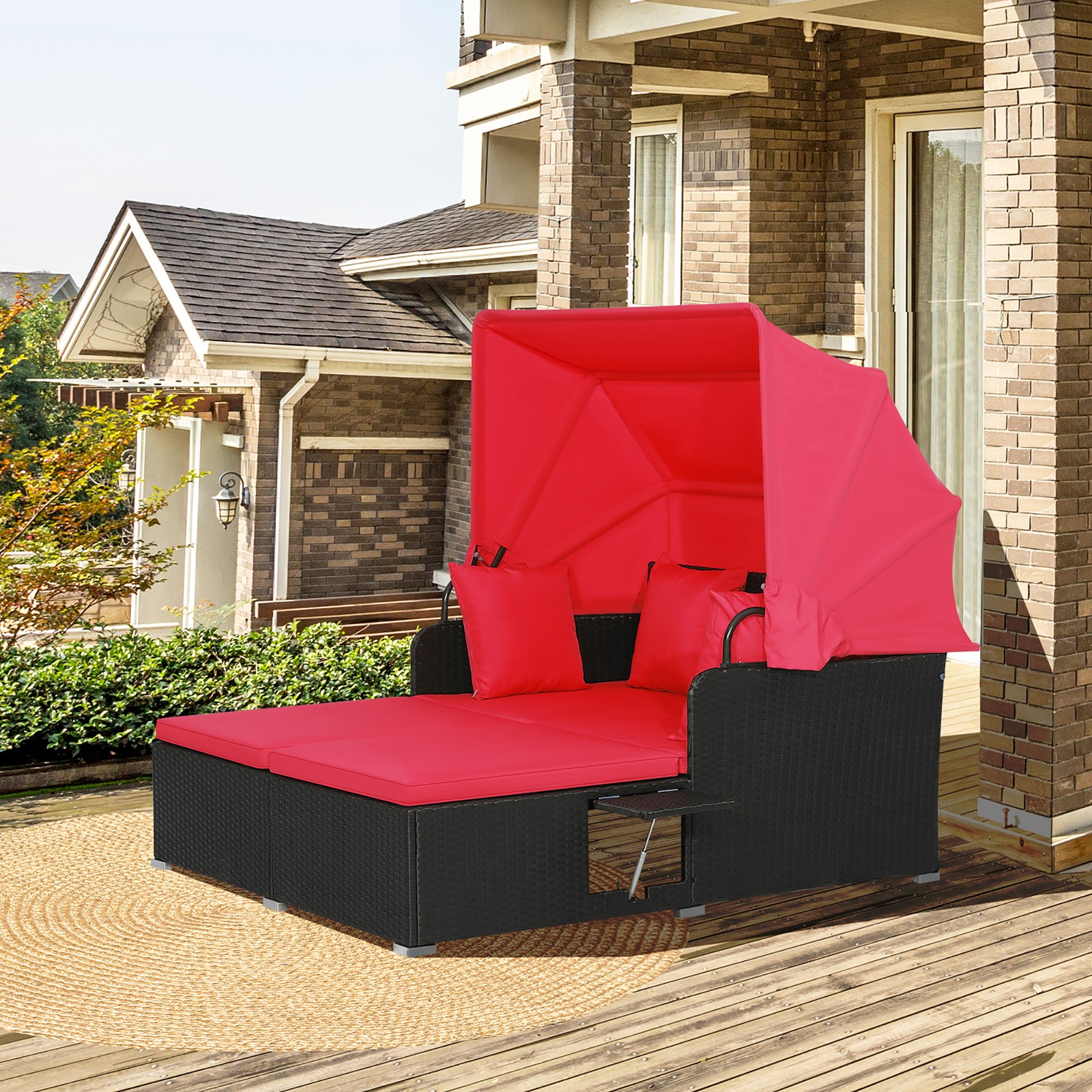 Patio Hand-Woven PE Wicker Daybed Outdoor Loveseat Sofa Set w/ Red Cushions