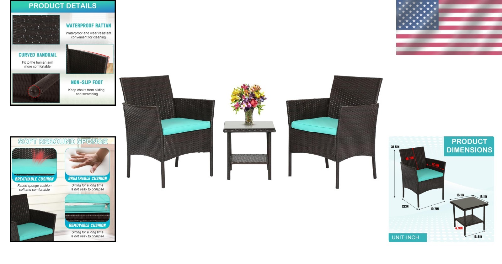 Modern 3-Piece Patio Furniture Set with Blue Cushions