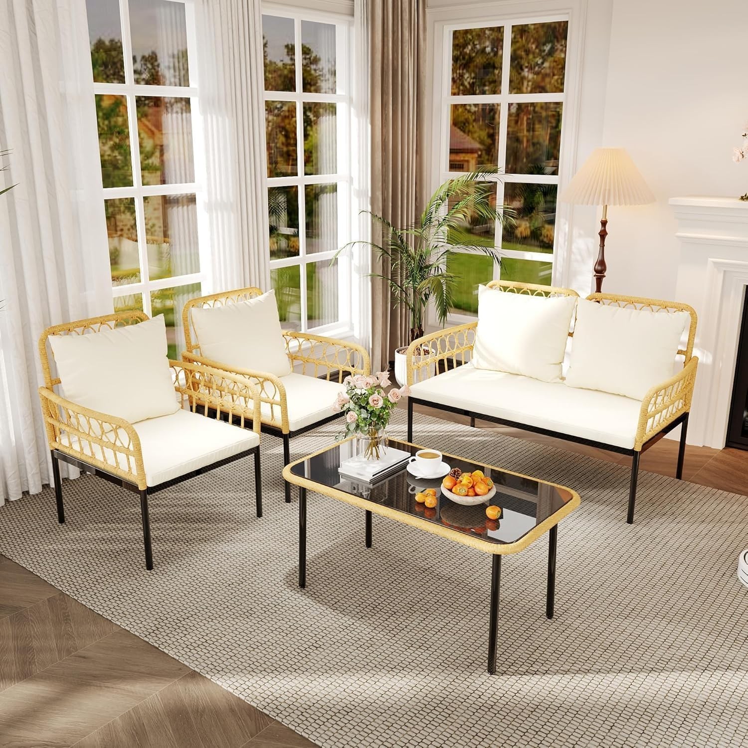 4 Piece Patio Furniture Set Outdoor Wicker Table & Chair Set for Backyard Garden