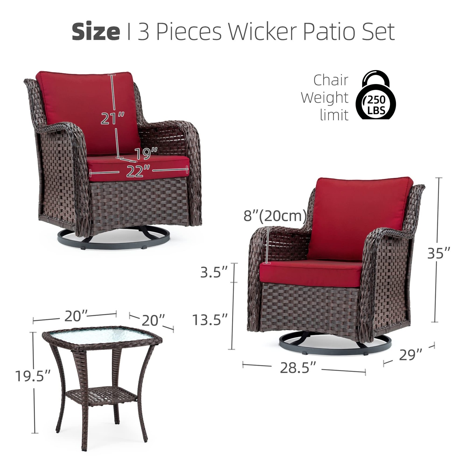 3pcs Outdoor Patio Swivel Rocker Chair Set, Wicker Bistro Chairs Set Furniture