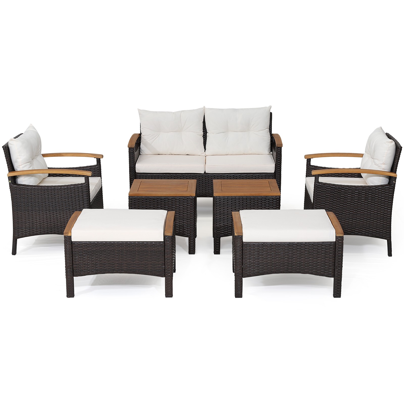 7PCS Patio Rattan Furniture Set Cushion Armrest Loveseat Ottoman Table