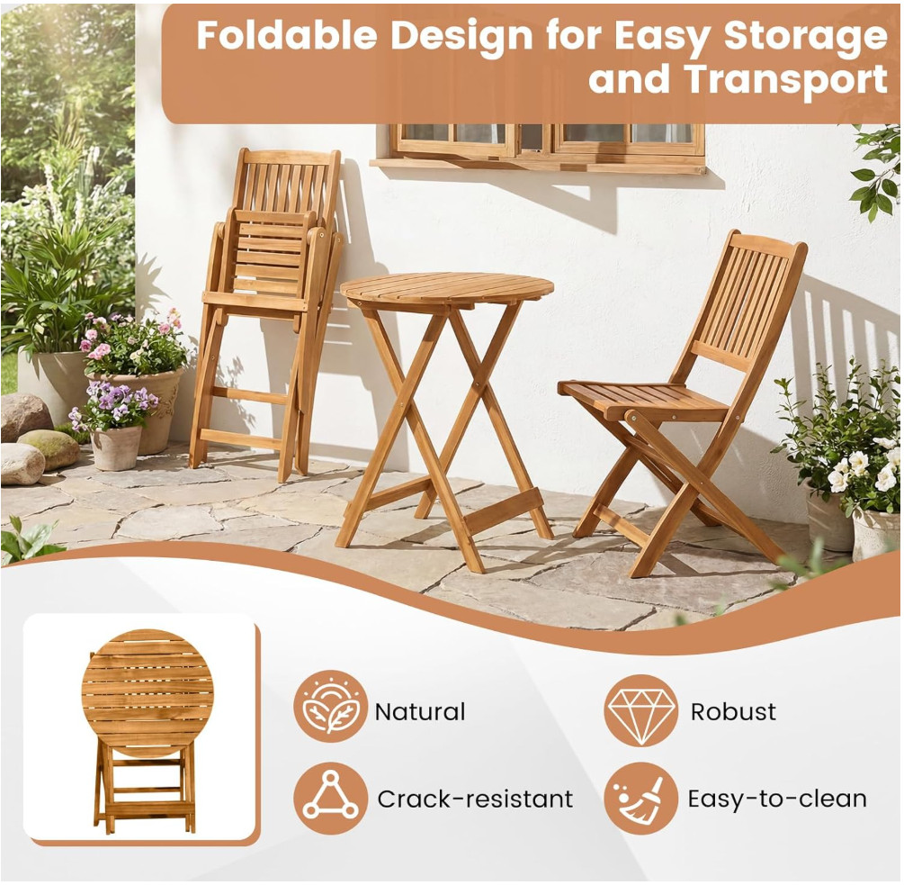 3Pcs Patio Bistro Set,Wood Folding Table Set, 2 Cushioned Chairs for Garden Yard
