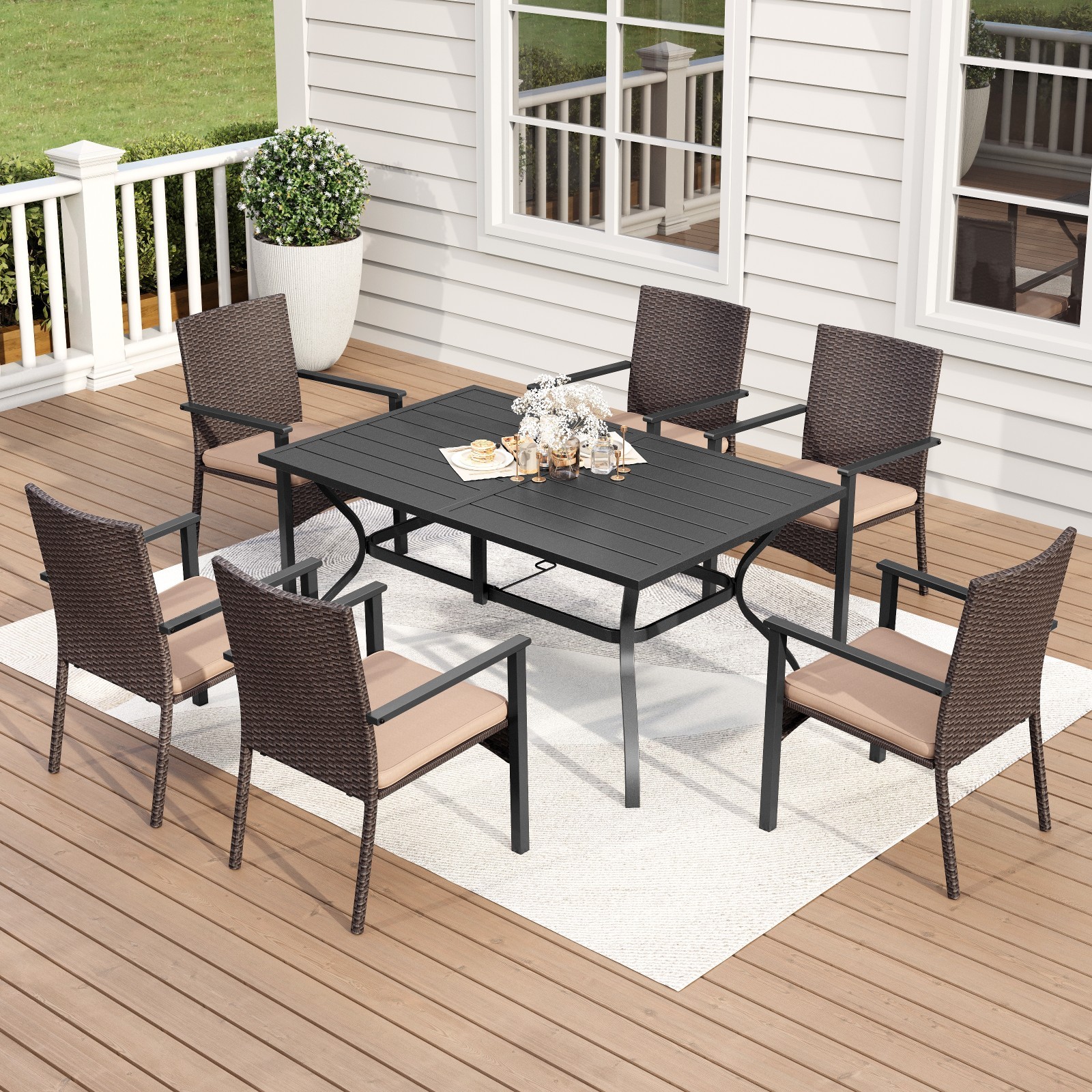7PCS Outdoor Dining Set Patio Rattan Chair Metal Table with Umbrella Hole