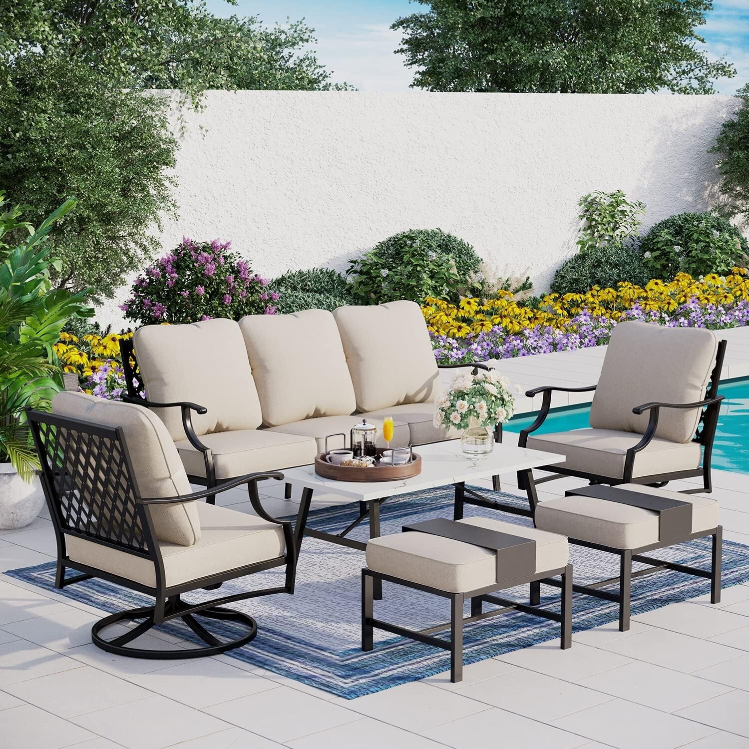 Outdoor Patio Furniture Set 6PCS Conversation Set Swivel Chair & Ottoman & Table