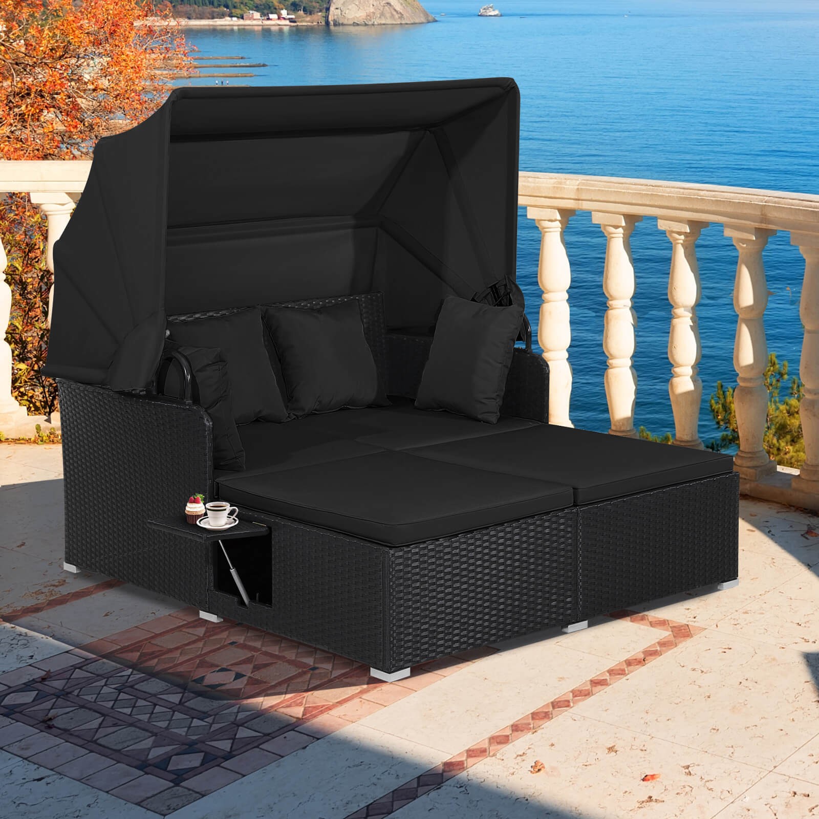Patio Rattan Daybed Lounge Retractable Top Canopy Side Tables Cushions Beige