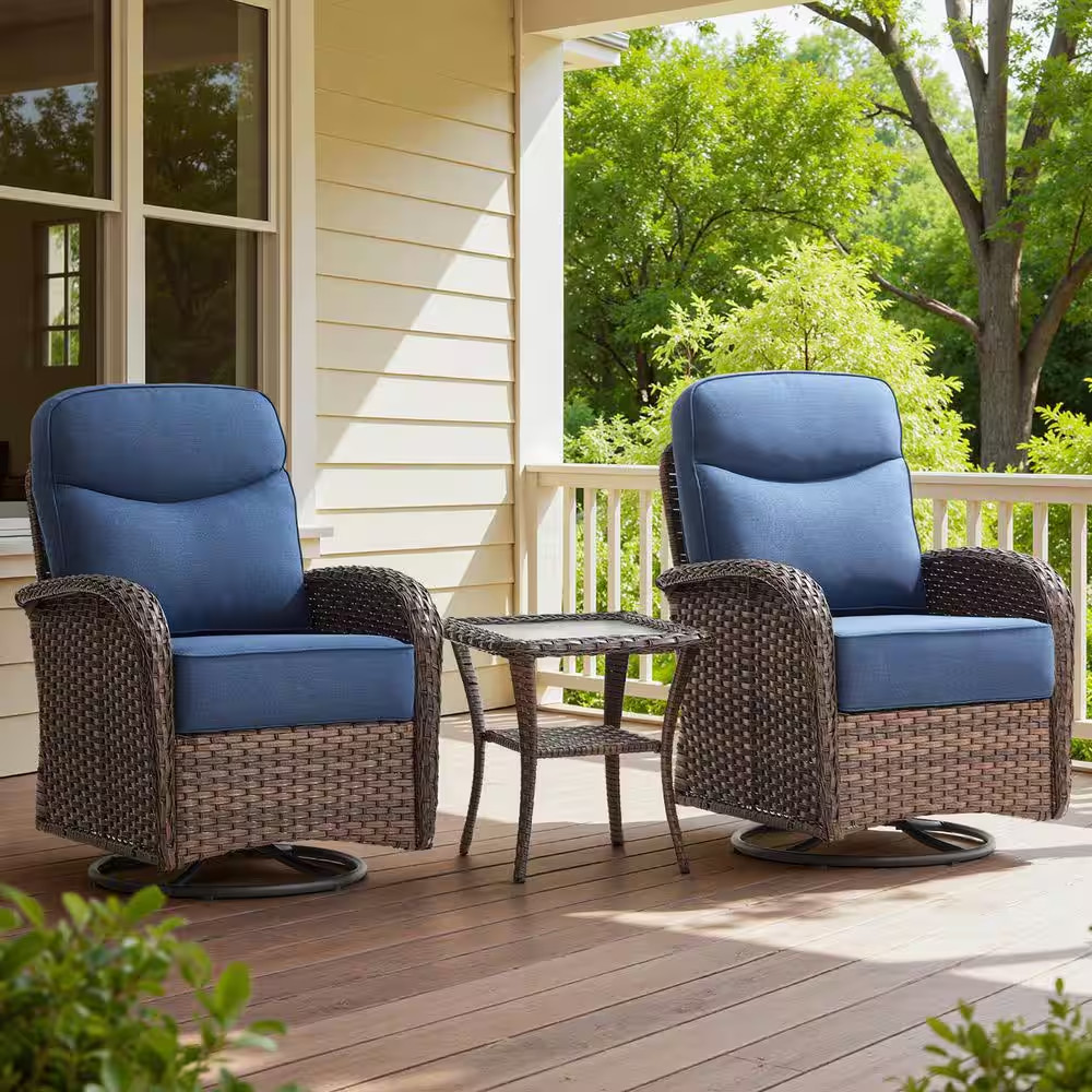 Luna Brown 3-Piece Wicker Swivel Glider Patio Conversation Set with 6 In. Thick