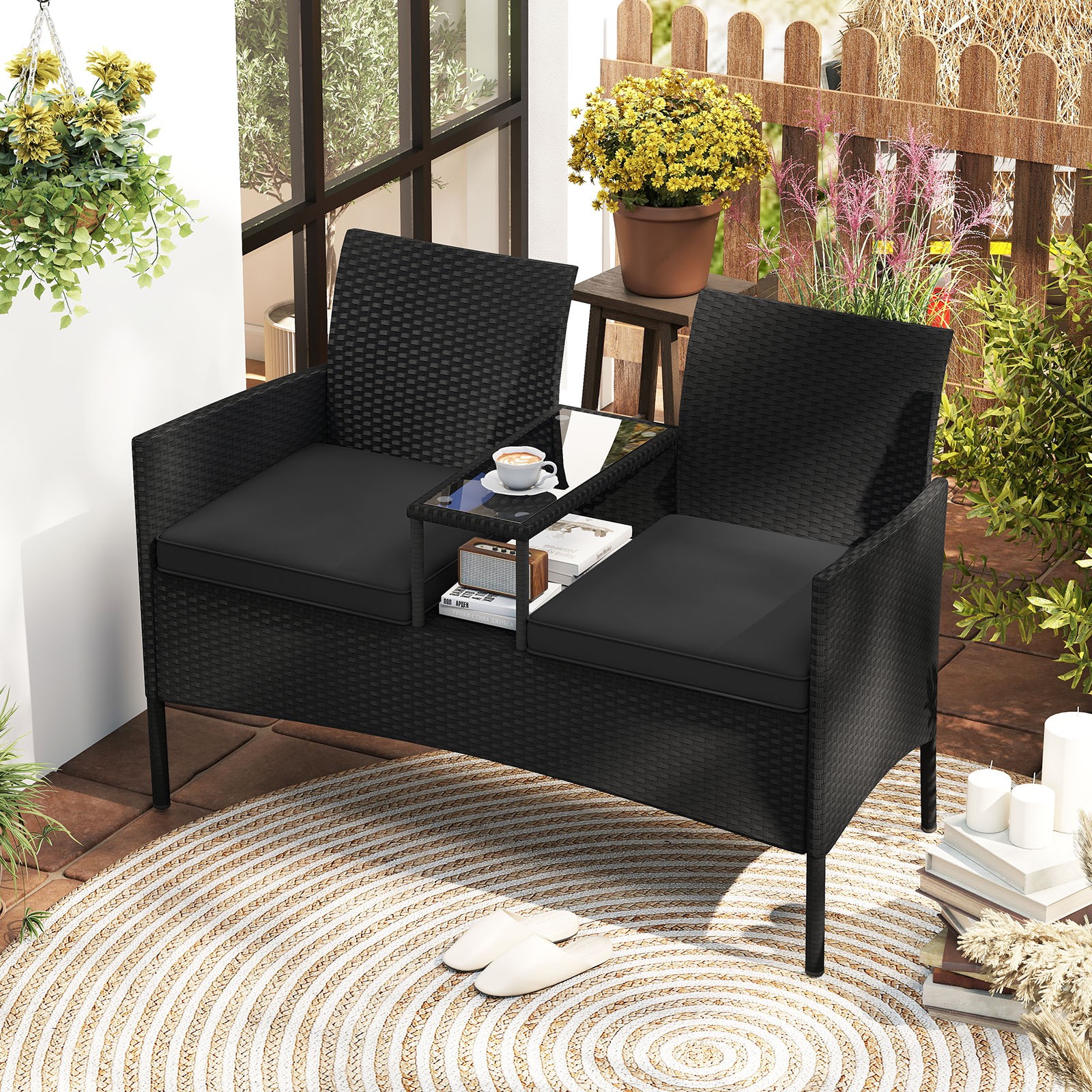Patio Loveseat with Built-in Table Soft Cushions, Tempered Glass Tabletop