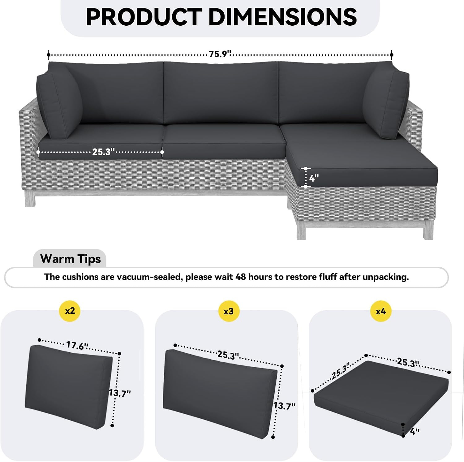 4Pk Black Outdoor Sofa Cushions 5 Pillows Water-Resistant for Patio