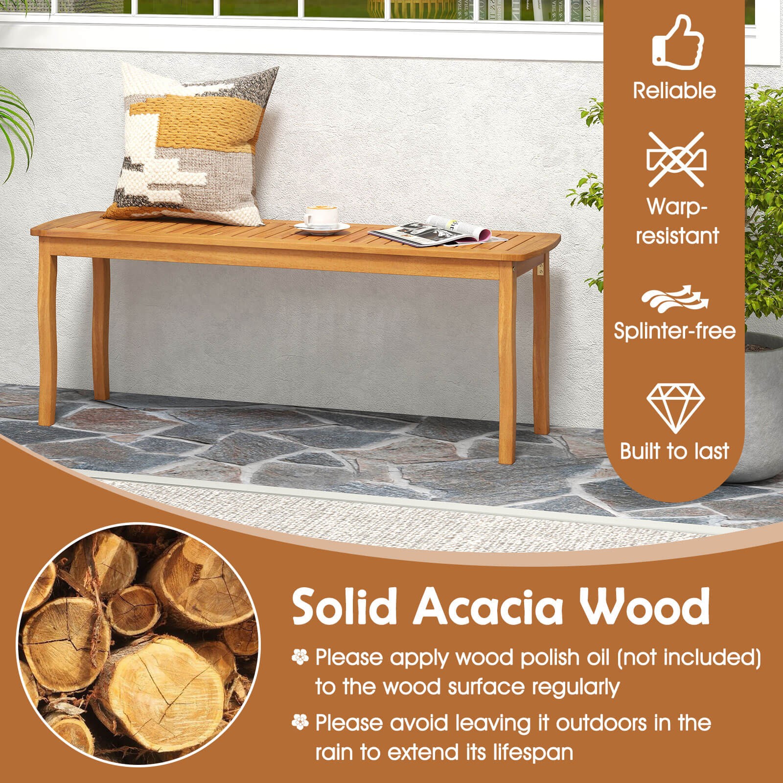 3 Pieces Outdoor Dining Set for 4 People, Patio Acacia Wood Table & Bench Set