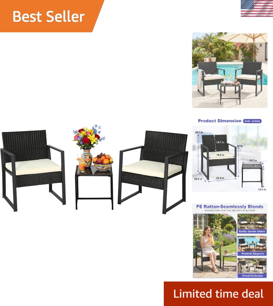 Stylish 3-Piece Outdoor Furniture Set: Khaki Rattan Chairs and Glass Table