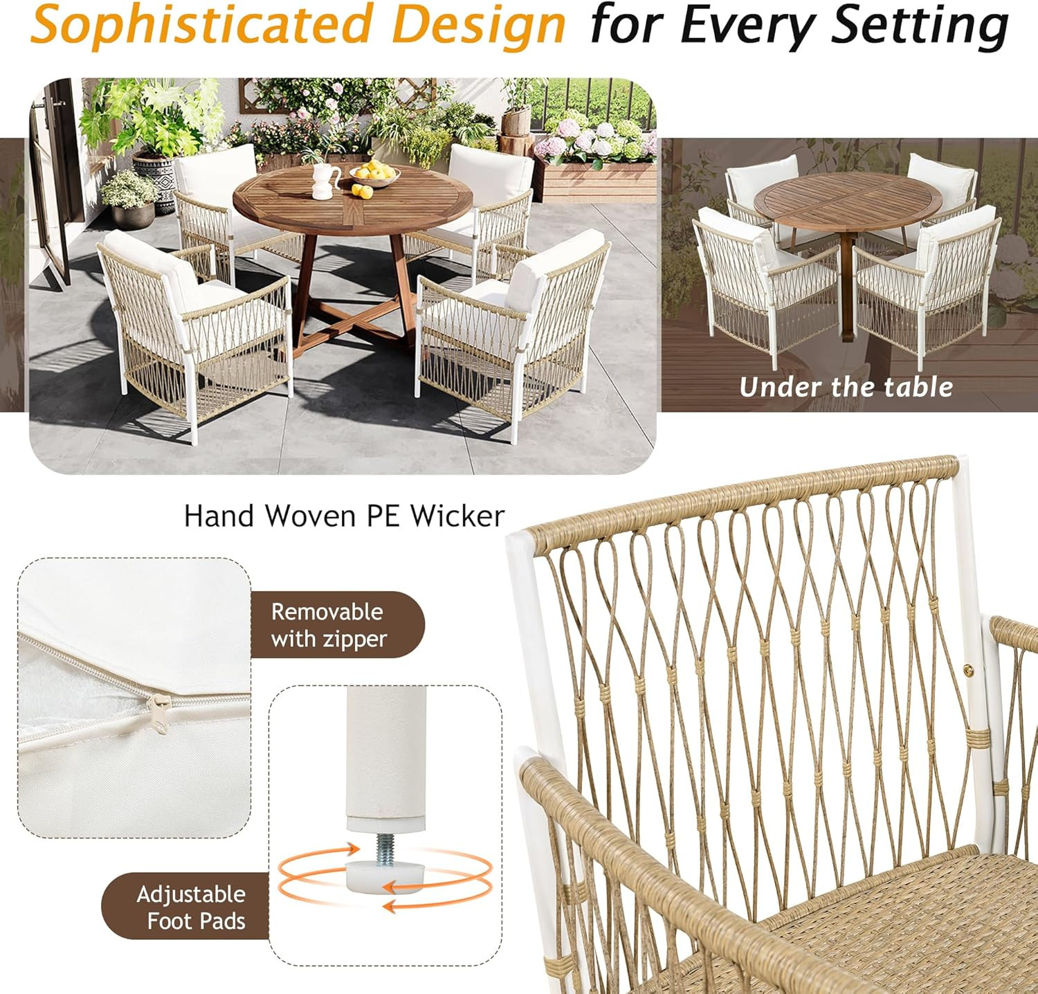 5-Piece Acacia Wood Patio Dining Set with Rattan Chairs & Cushions