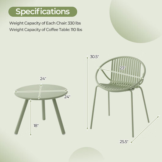 All Weather PP Patio Conversation Set with Round Coffee table and 2 Chairs-Gray