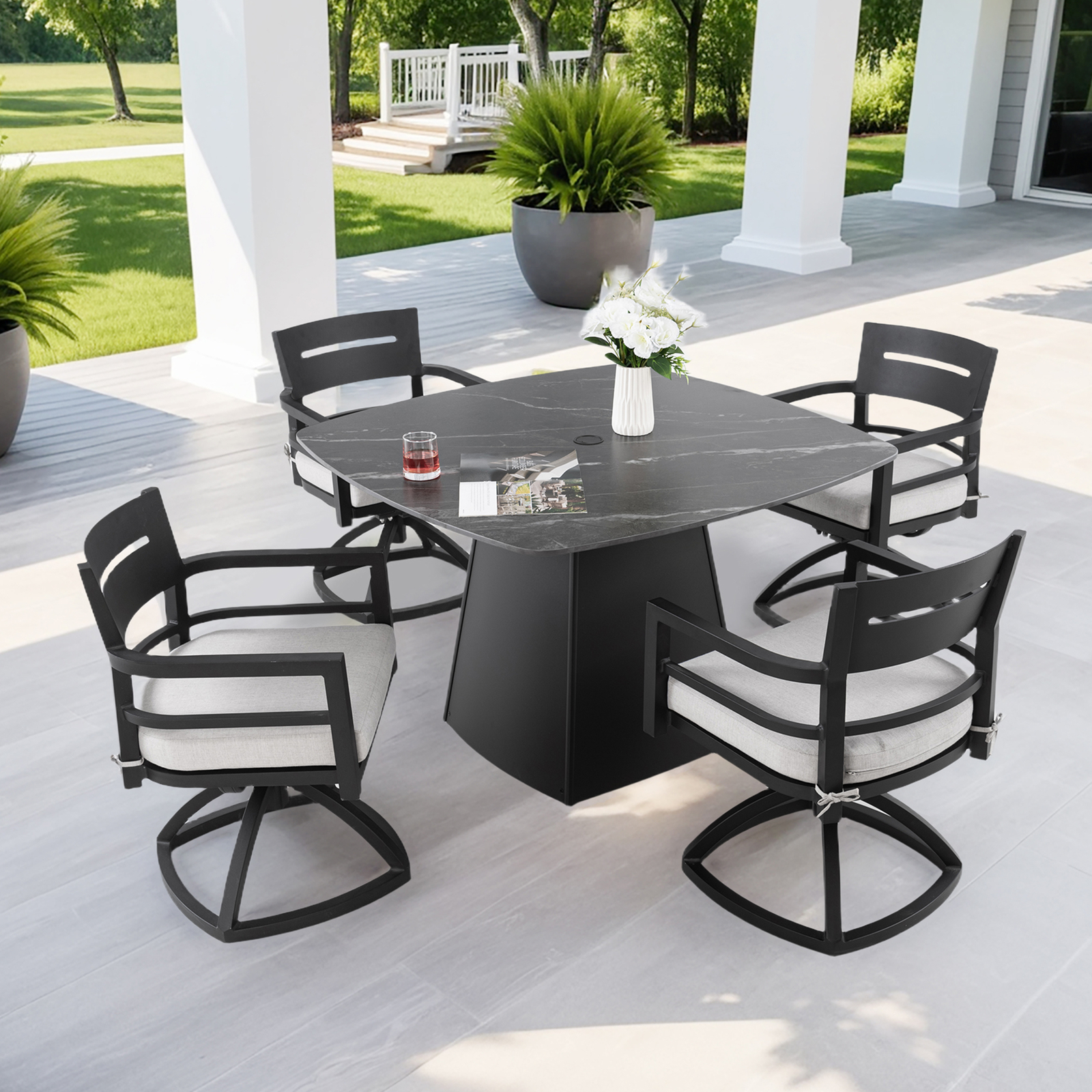 5 Piece Patio Dining Set 44″ Round Square Sintered Stone Table 4 Swivel Chairs