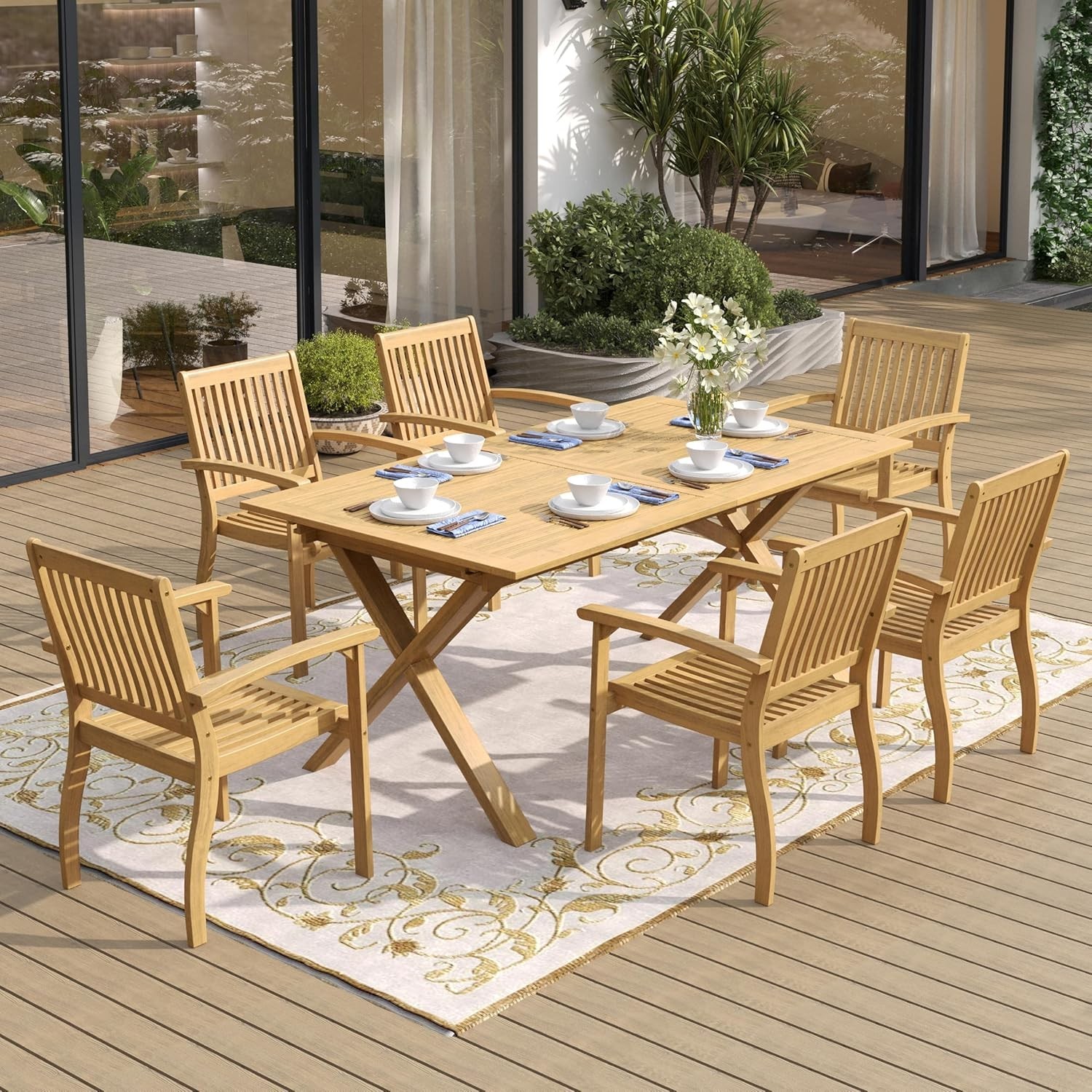 7 PCS Patio Dining Set Acacia Wood Table and Chairs Set w/ 1.97” Umbrella Hole