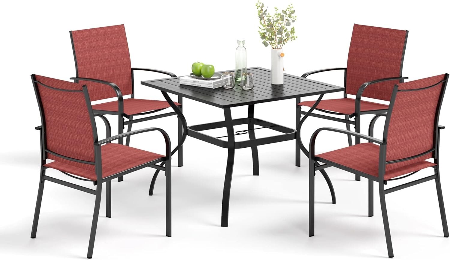 5 Piece Outdoor Dining Set Patio Table Chairs Set Square Table w/ Umbrella Hole