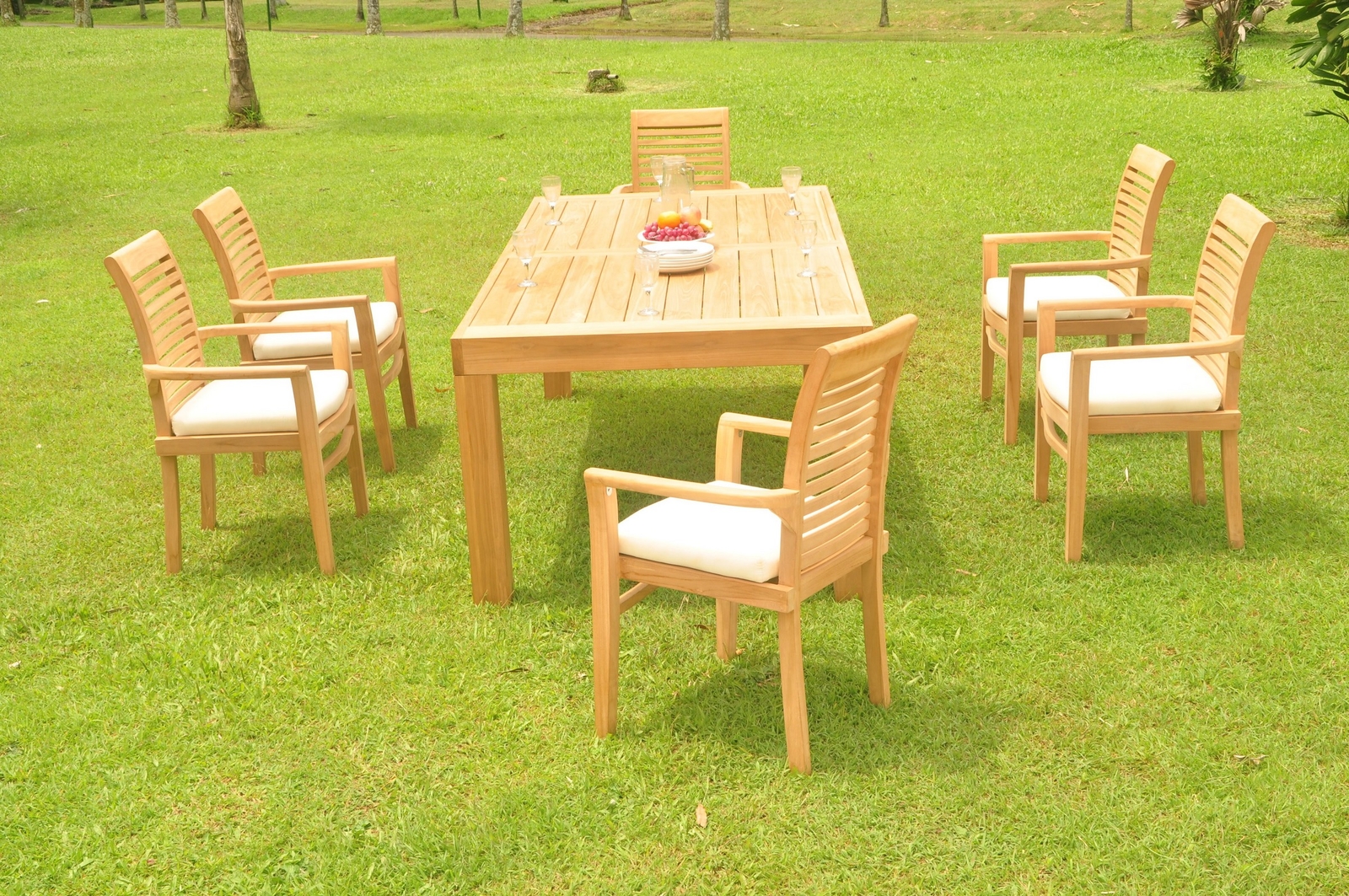 A-Grade Teak 7pc Dining 86″ Canberra Rectangle Table Mas Stacking Arm Chair Set