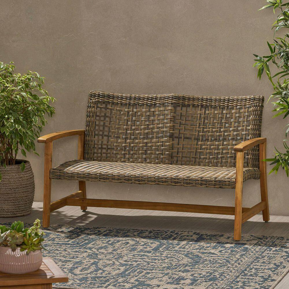 Sturdy and Durable Natural+Grey Acacia Wood and Wicker Outdoor Loveseat with Ass