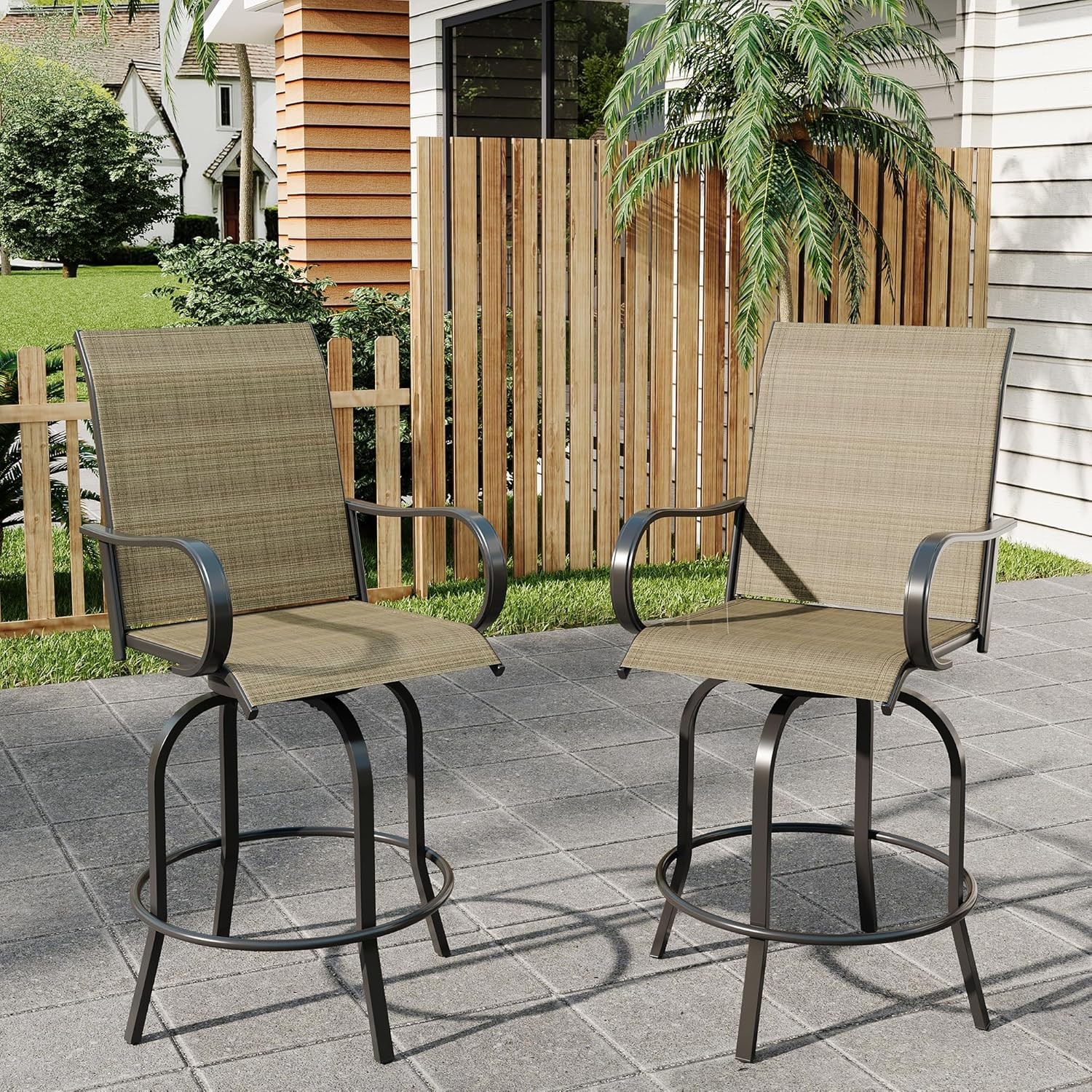 Outdoor Swivel Bar Stools Set of 2,Bar Height Patio Chairs w/ High Back,Armrest