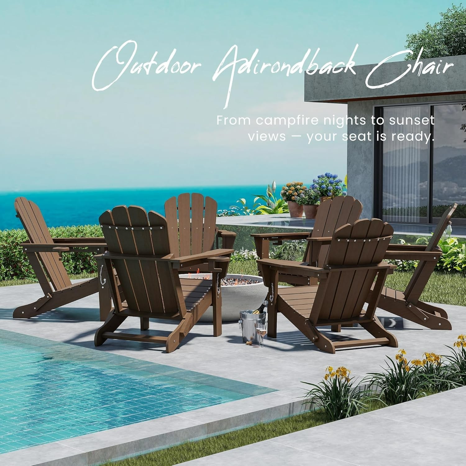 6pcs All-Weather HDPE Folding Adirondack Chair Fire Pit Chair w/Cup Holder,Khaki