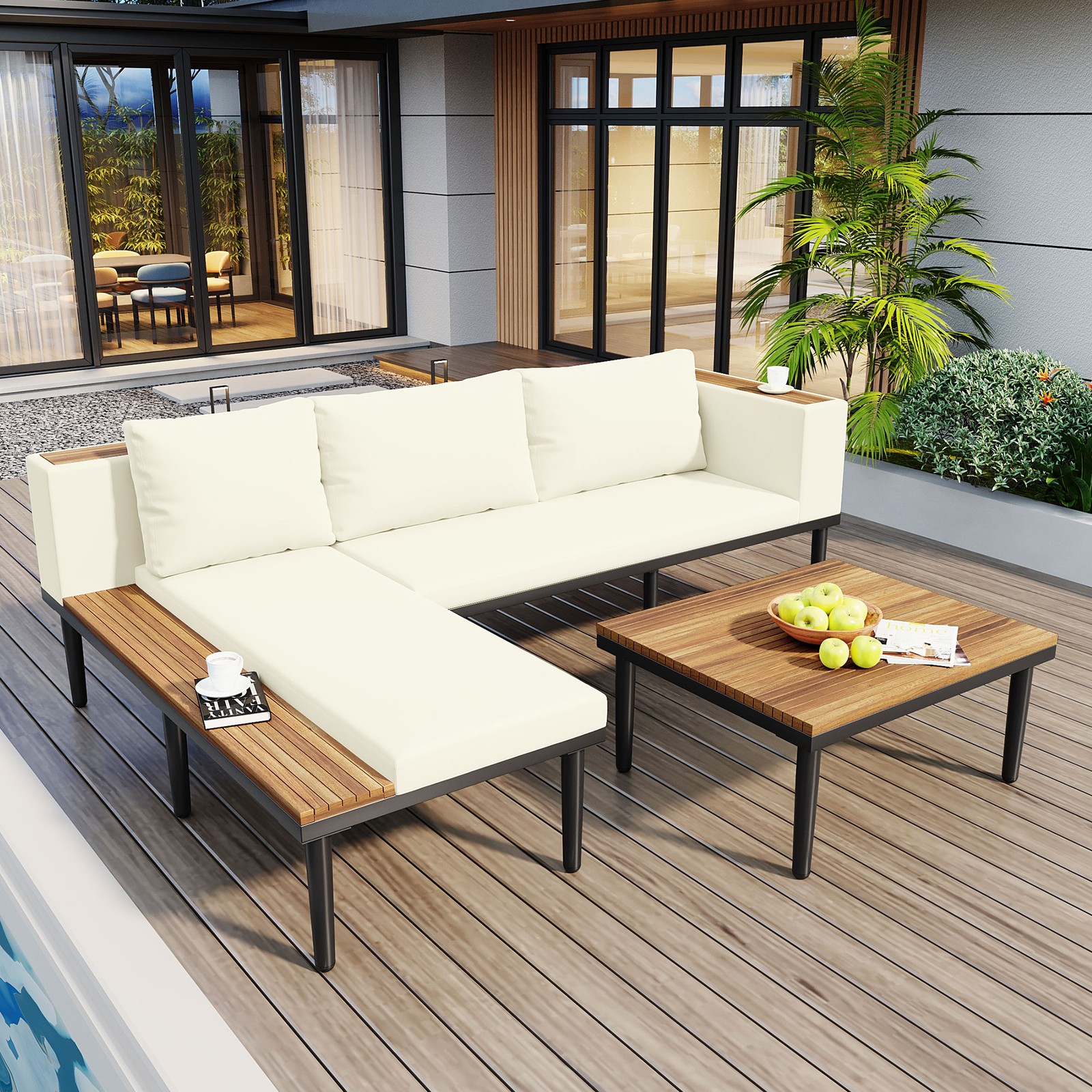 Luxury Patio Furniture Set with Removable Cushions Coffee Table L-Shaped Acacia