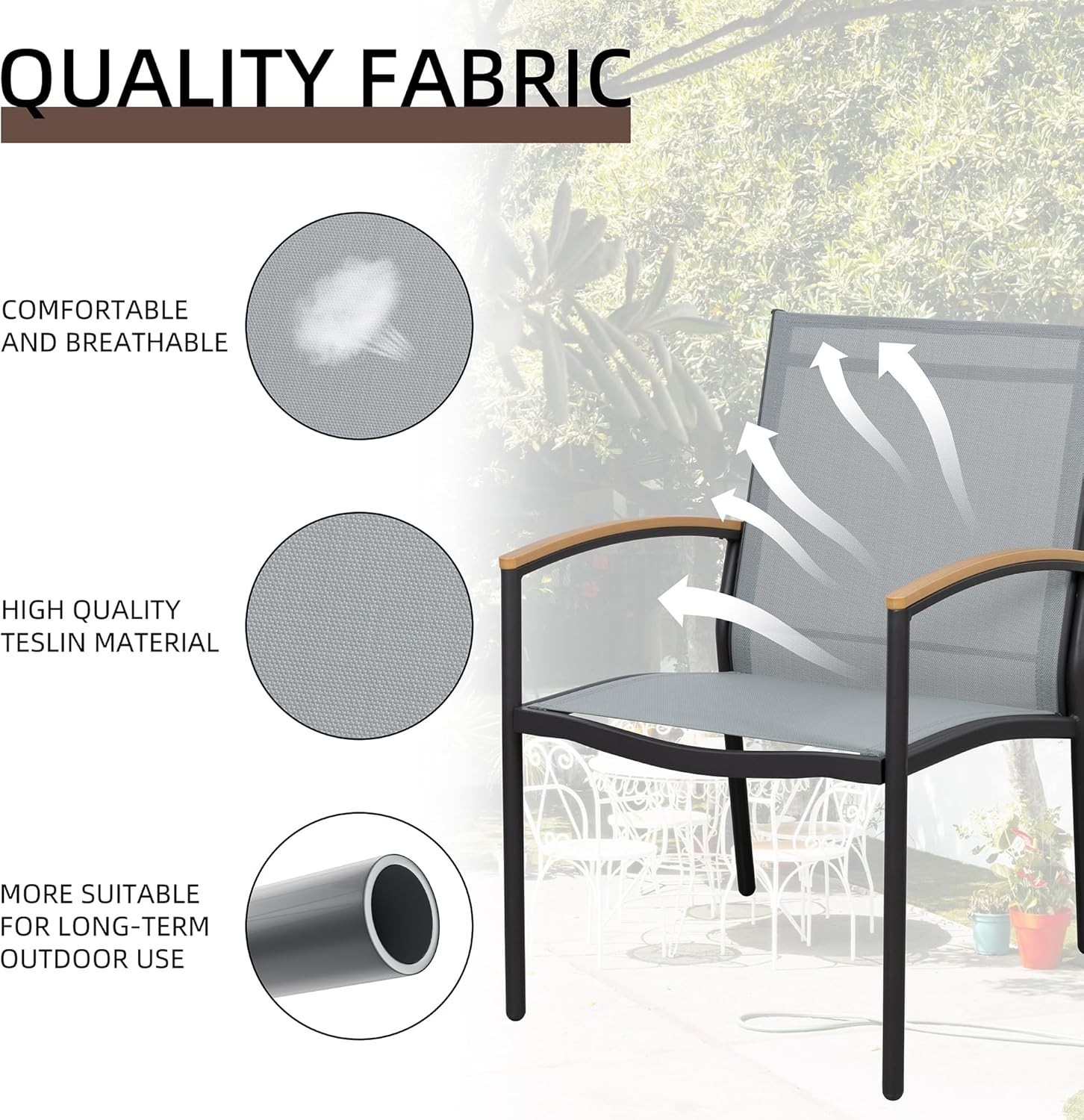 Compact 3-Piece Patio Set with Breathing Textilene Fabric & Tempered Glass