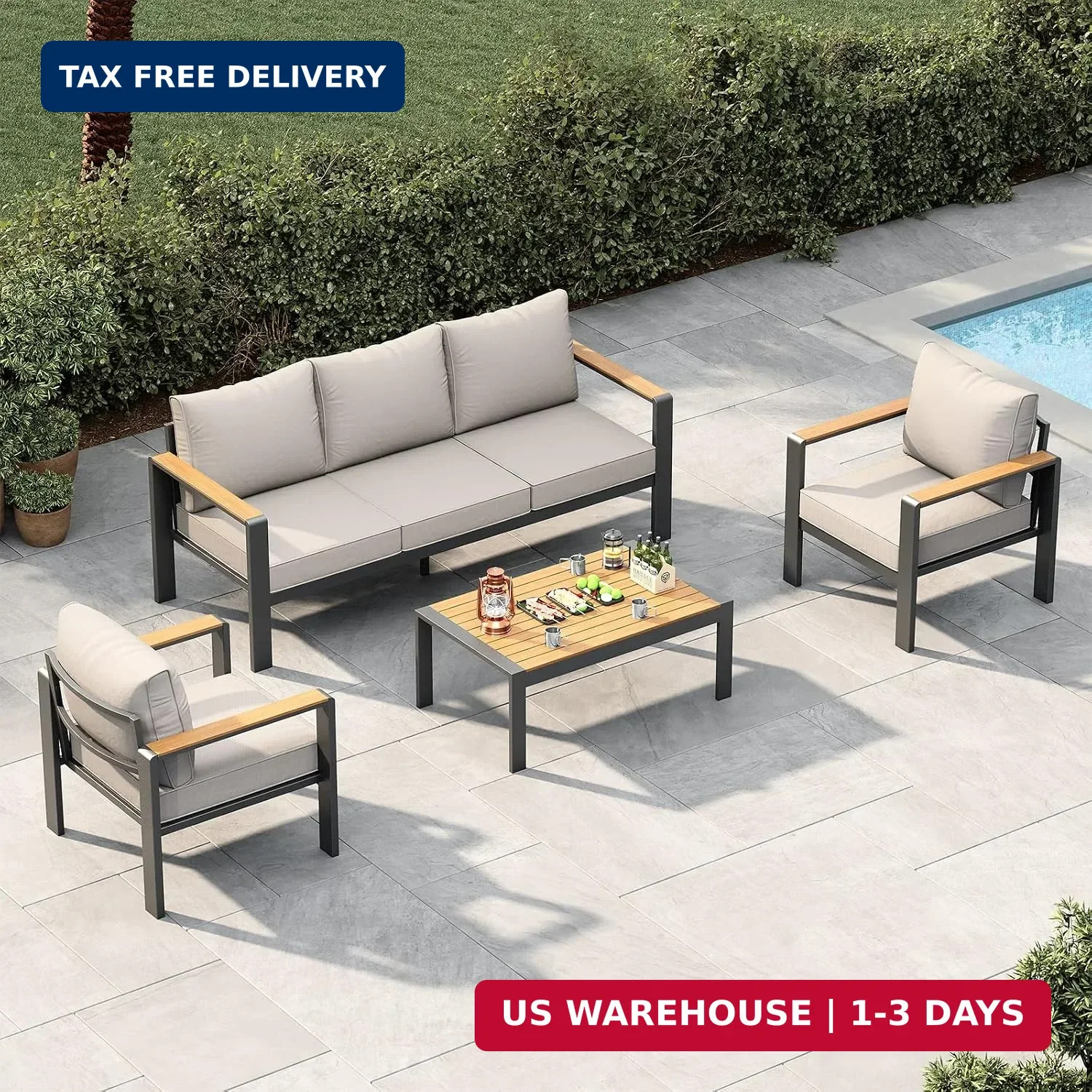 Garvee Aluminum Patio Furniture Set 5 Seats, Generous Outdoor Sectional with Was