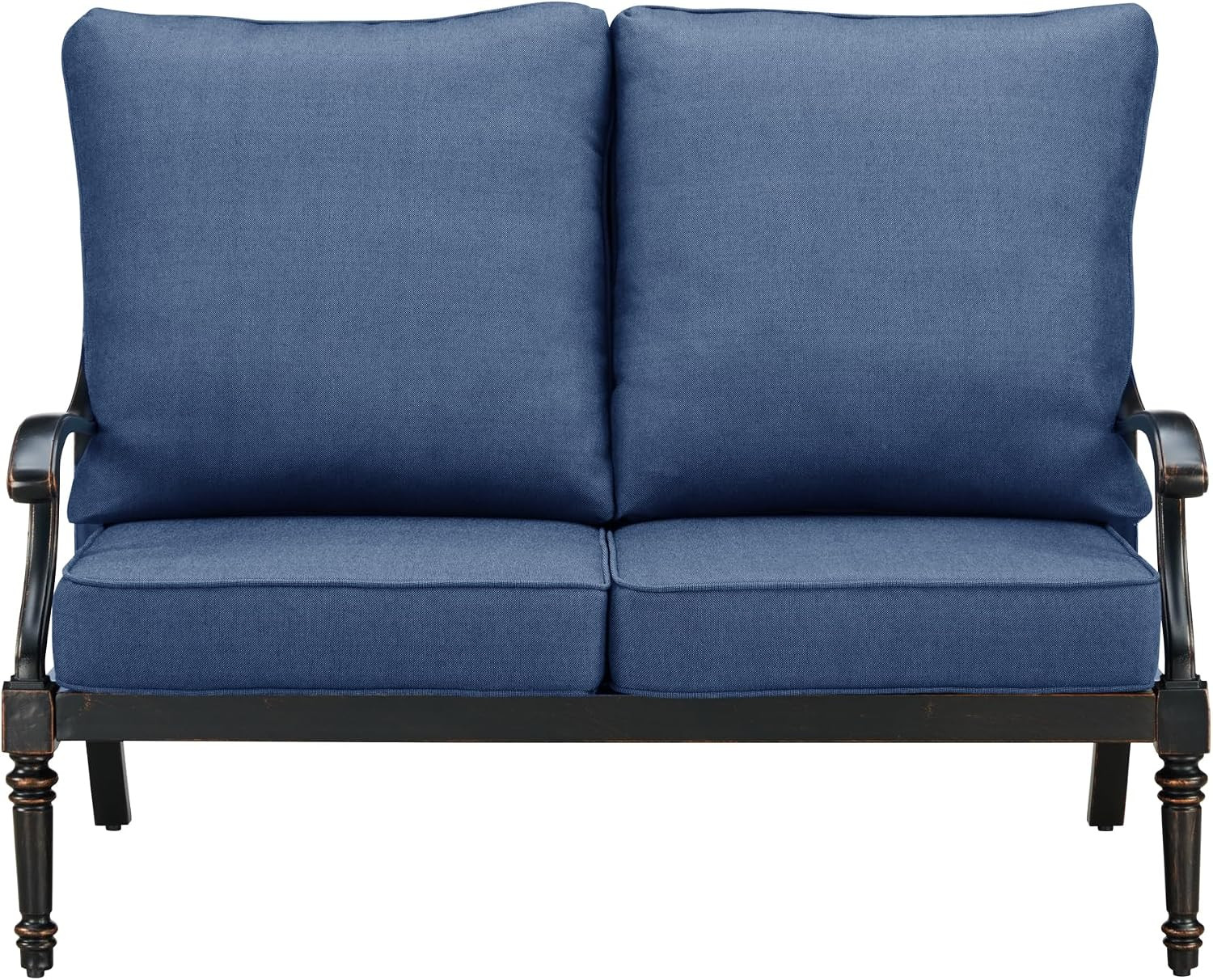 Black Aluminum Patio Deep Seating Outdoor Two Seater Loveseat with Blue Cushions