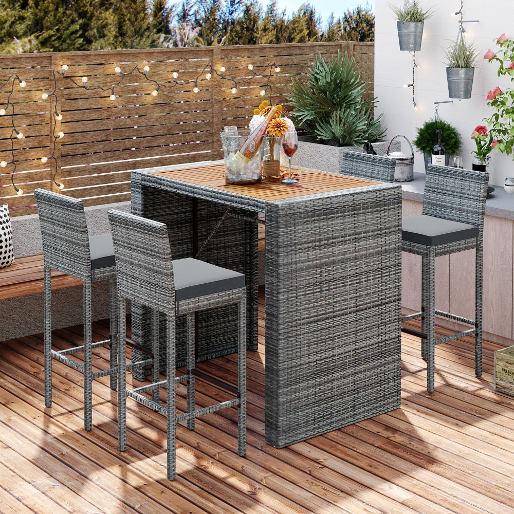 5-Piece Outdoor Patio Wicker Bar Set – Bar Stools w/ Non-Slip Feet & Cushions