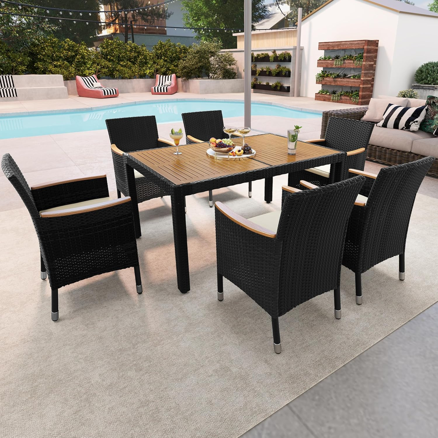 7 Piece Patio Furniture Set, Outdoor Dining Acacia Wood Table Top Rattan Convers