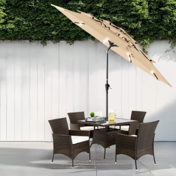5 Piece Brown Wicker Dining Set with Tan LED Light 3 Tier Patio Umbrella Outdoor