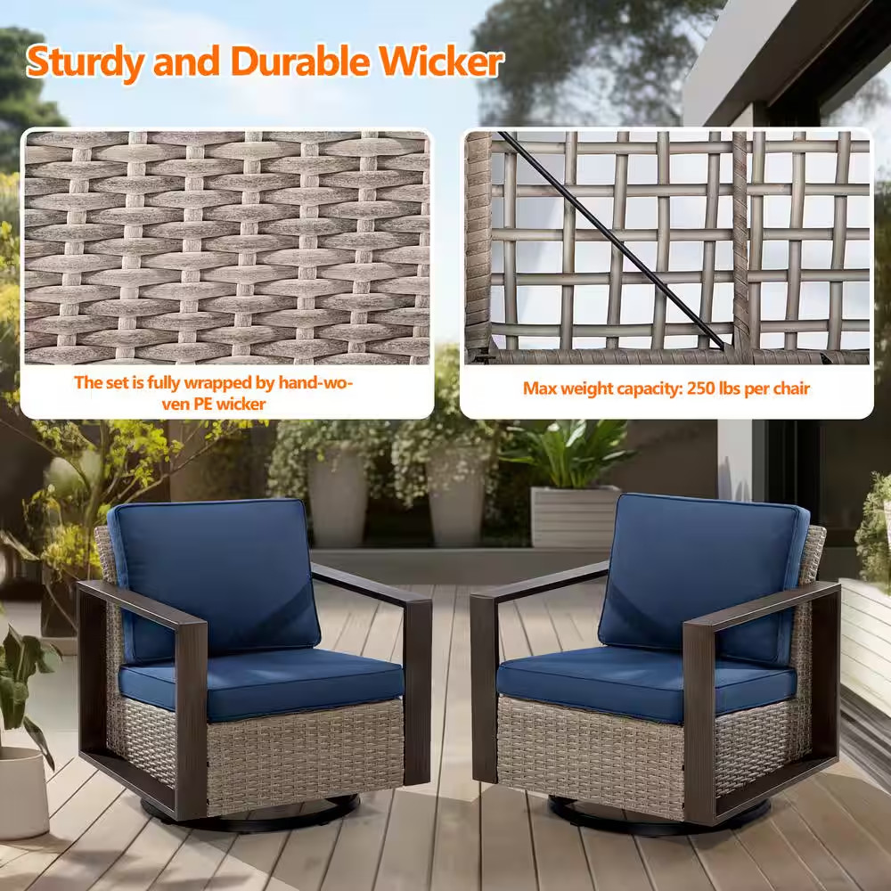 2-Piece Patio Wicker Outdoor Rocking Chair with Metal Frame and Dark Blue Cushio