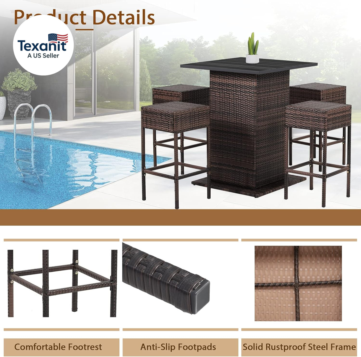 5-Piece Outdoor Bar Set, Wicker Rattan Bar Height Patio Set W/4 Cushion Bar Stoo