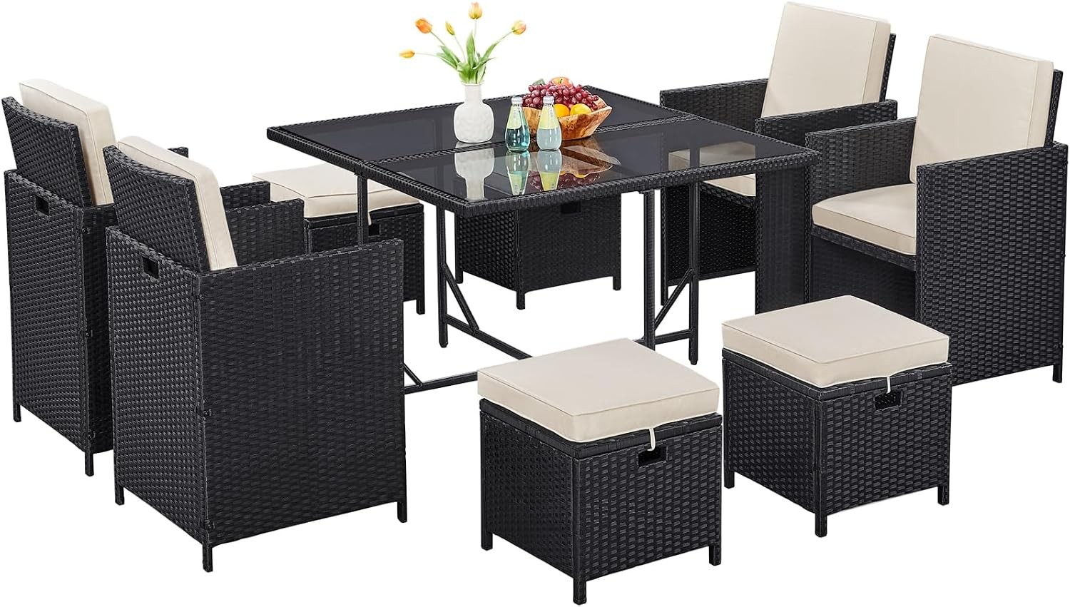 9 Pcs Patio Dining Sets Rattan Chairs w/Glass Table Black/Beige Outdoor Space