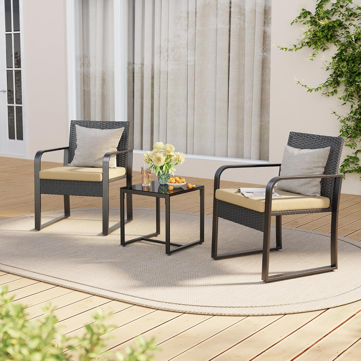 3 Pieces Patio Bistro Sets, Outdoor Rattan Conversation with Glass Table, Wicker