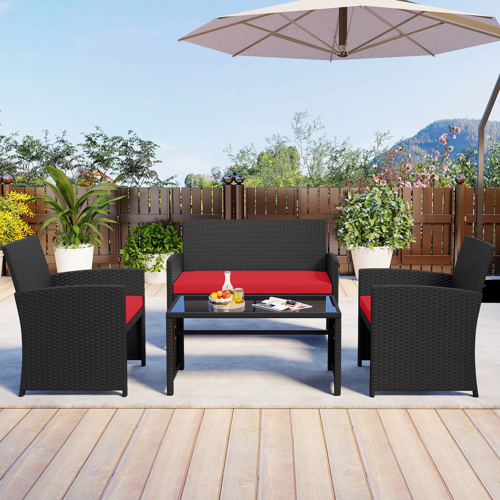 4 PCS Patio Conversation Set w/Seat Cushions & Tempered Glass Tabletop, Porch