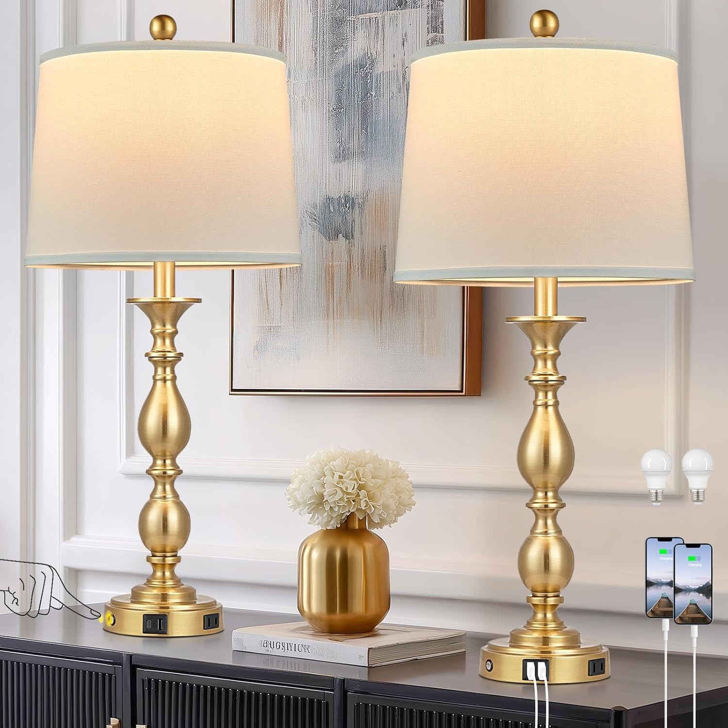 28″ Tall Modern Table Lps Set of 2 with USB A+C Ports and AC Outlet, 3