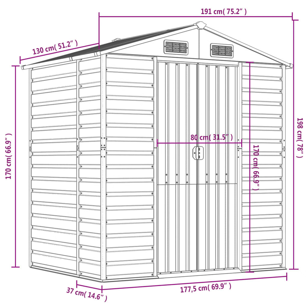 Garden Shed Light gray Galvanized steel 75.2 x 51.2 x 78.0 in