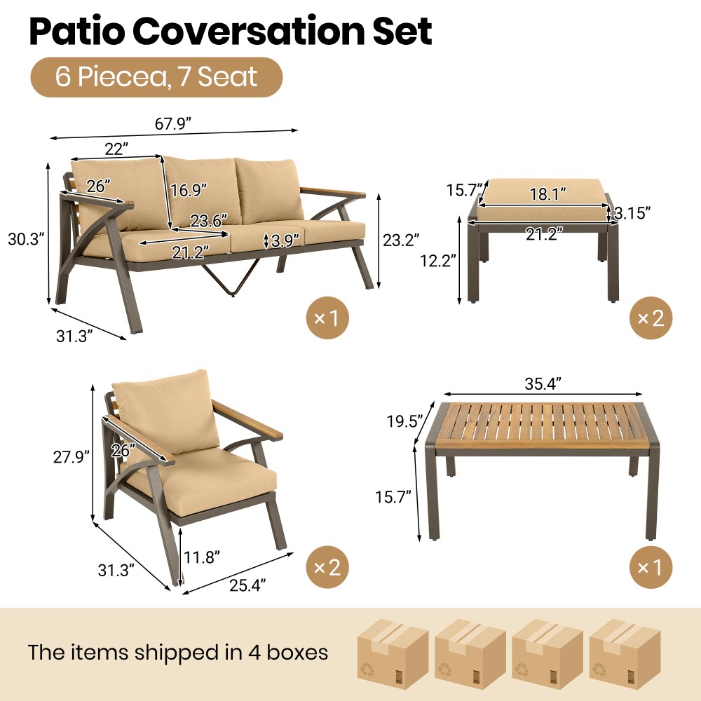 6-Piece Outdoor Patio Furniture Set, Steel Frame Sofa Set with Coffee Table