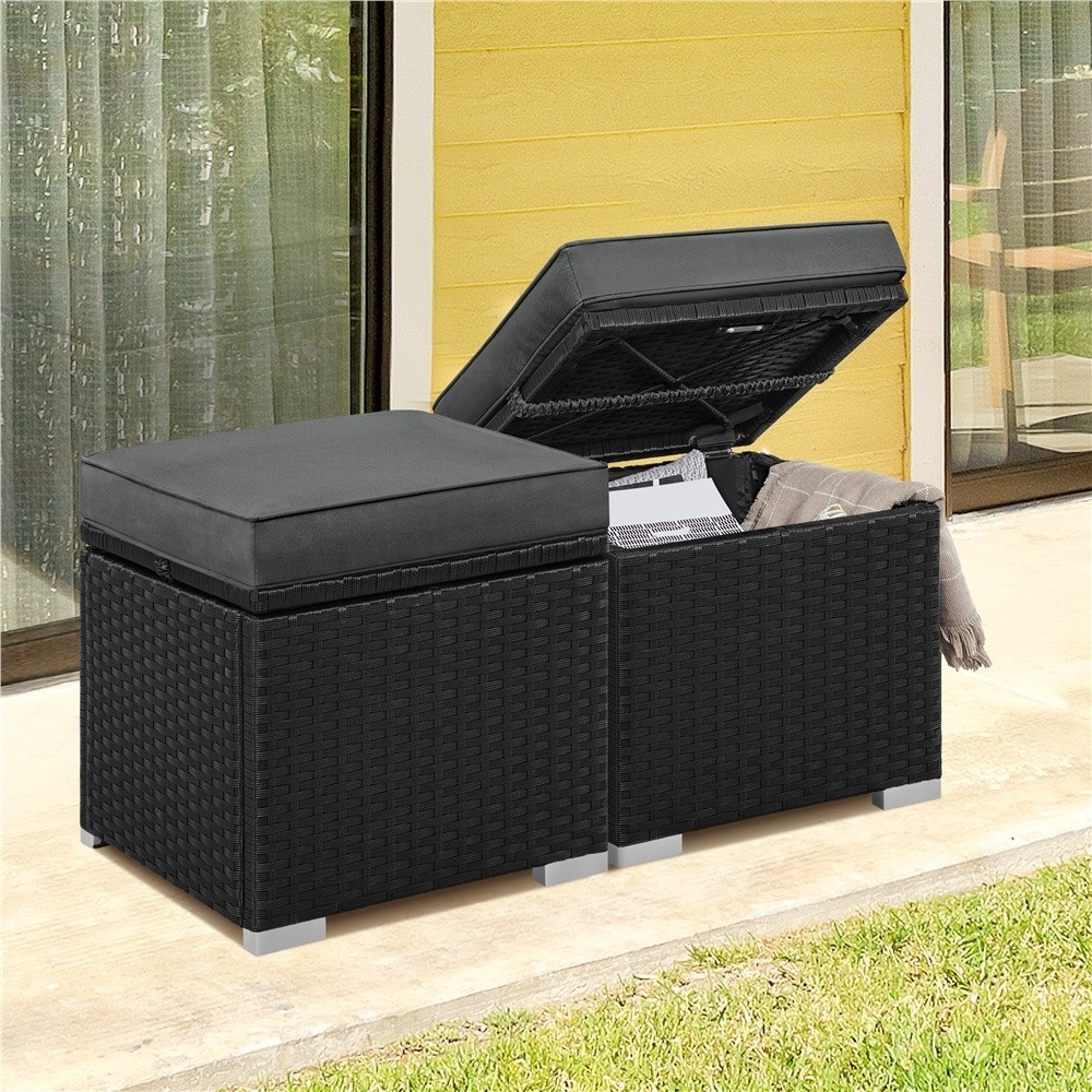 Wicker Patio Storage Ottomans with Cushions, Set of 2, Black/Gray