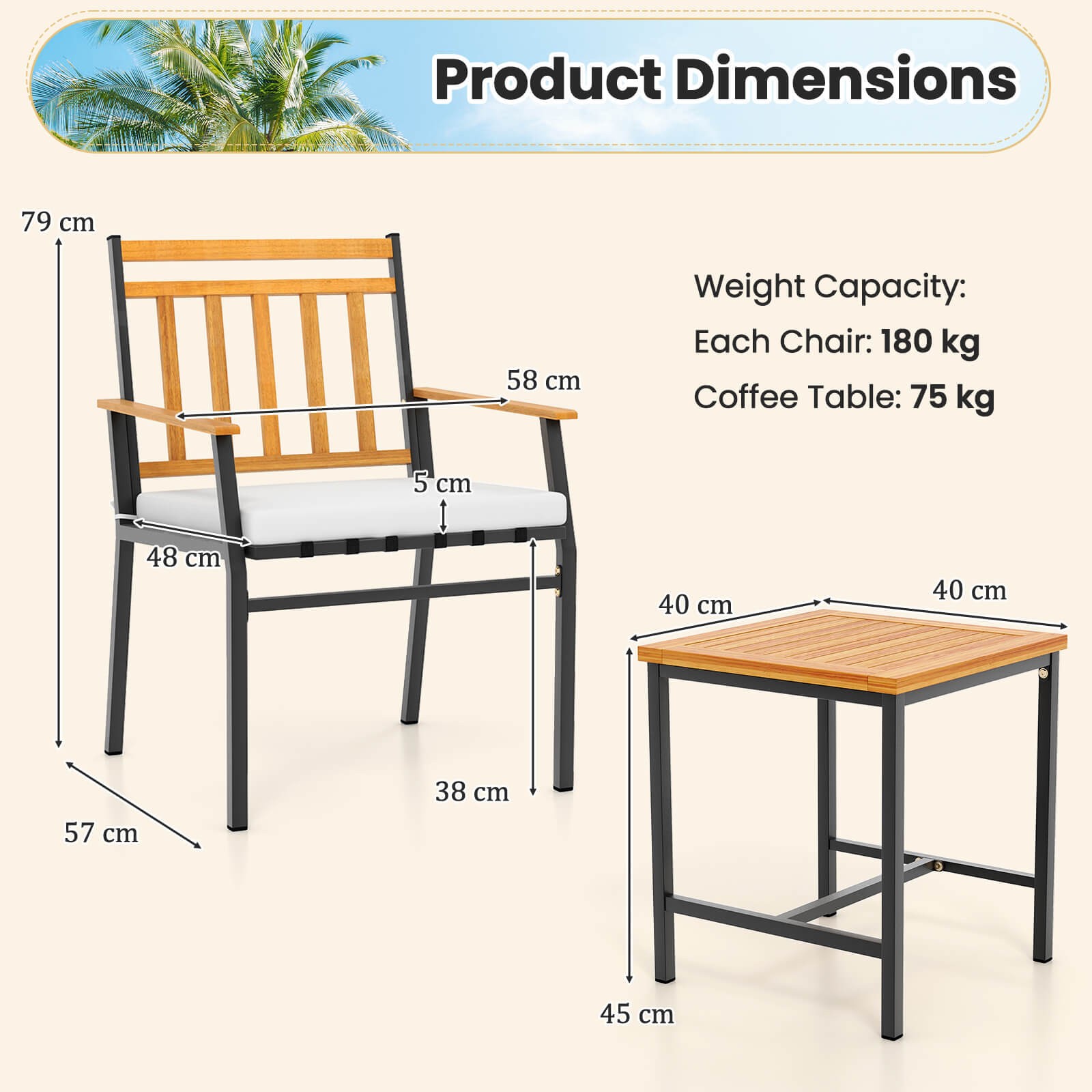 3 PCS Outdoor Furniture Set w/ Coffee Table Heavy-Duty Metal Frame for Balcony