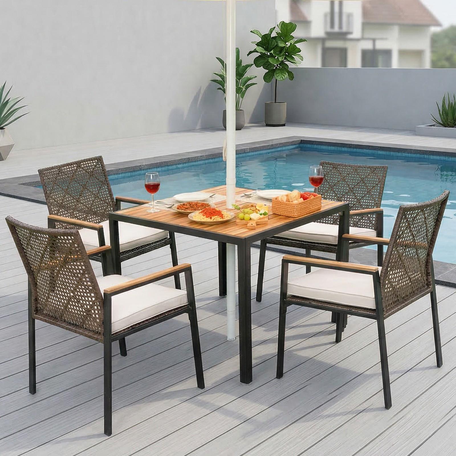 5-Piece Patio Dining Set Acacia Wood Table PE Rattan Chairs Coffee Brown
