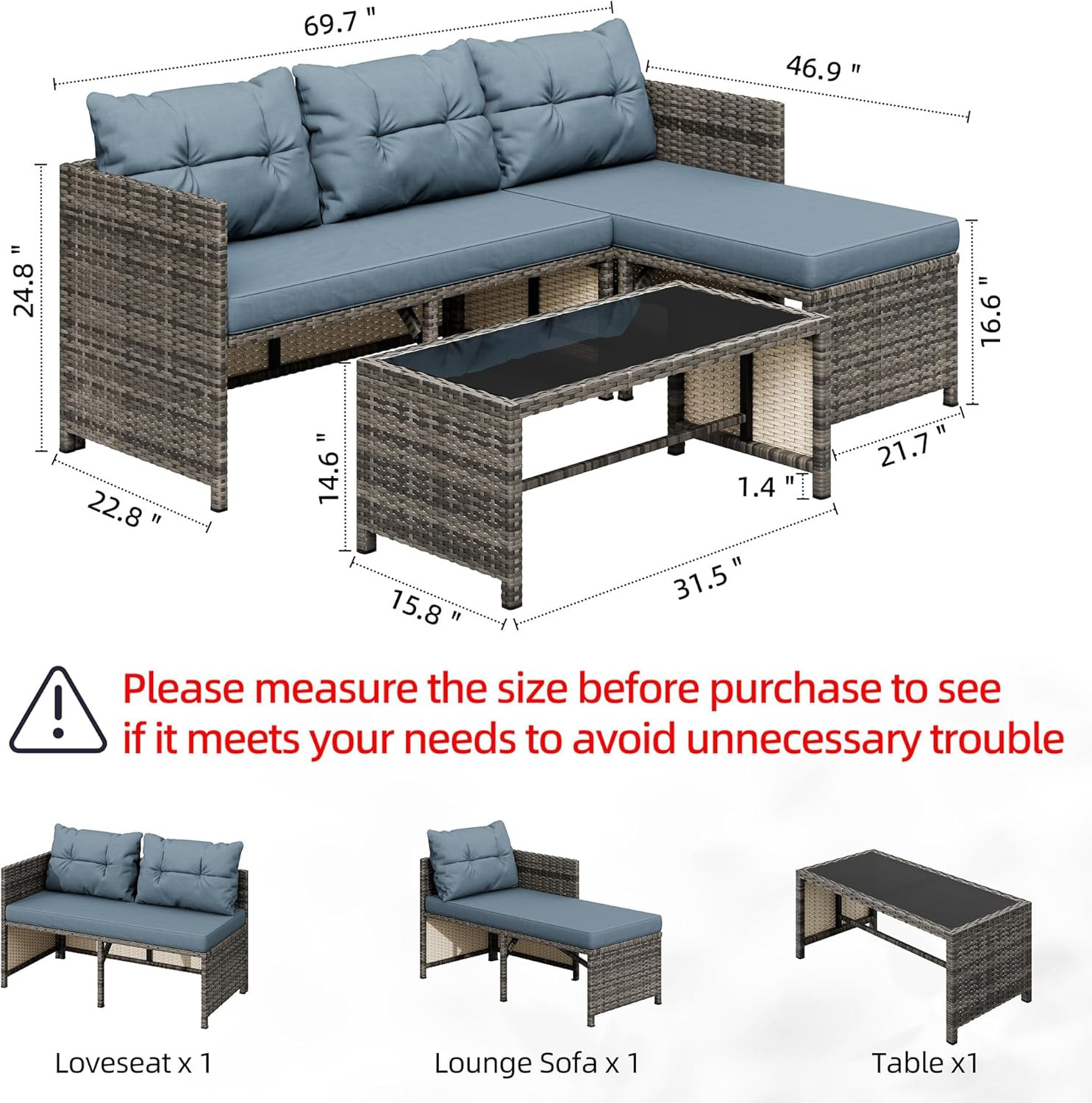 3 Pieces Outdoor Patio Furniture Sets, Wicker Patio Conversation Sets, All Weath