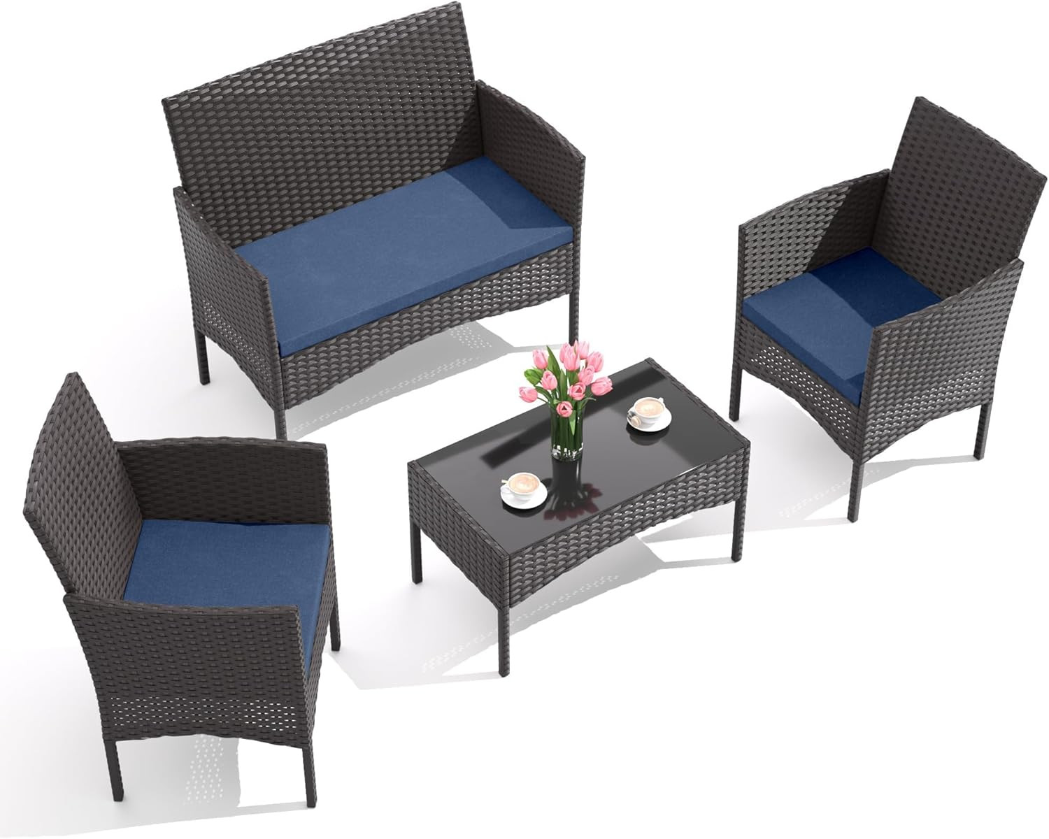 4-Piece Outdoor Patio Furniture Set, Wicker Rattan Chairs & Sofa with Cushions a