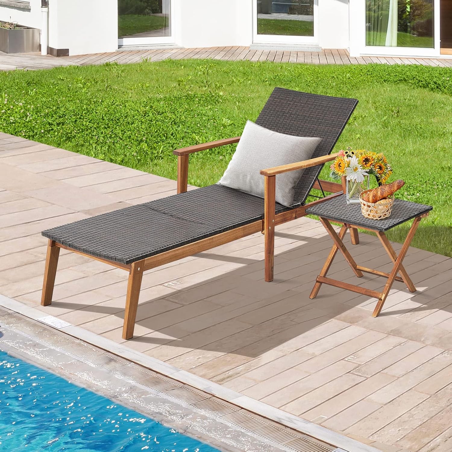 2 Piece Patio Chaise Lounge & Table Set Outdoor Rattan Recliner w/Folding Side