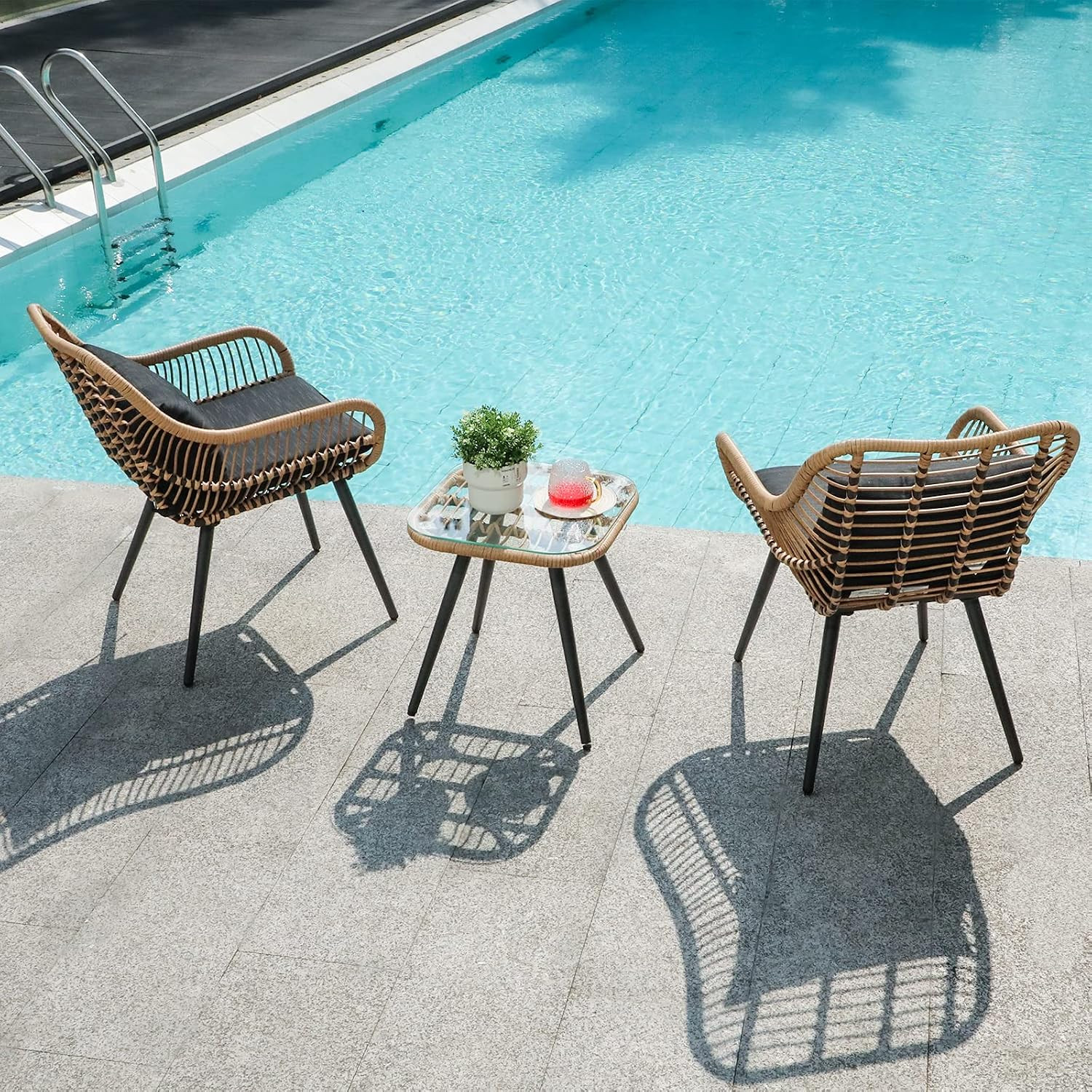 3 Piece Patio Bistro Set, Outdoor Wicker Conversation Chair Sets Balcony Furnitu