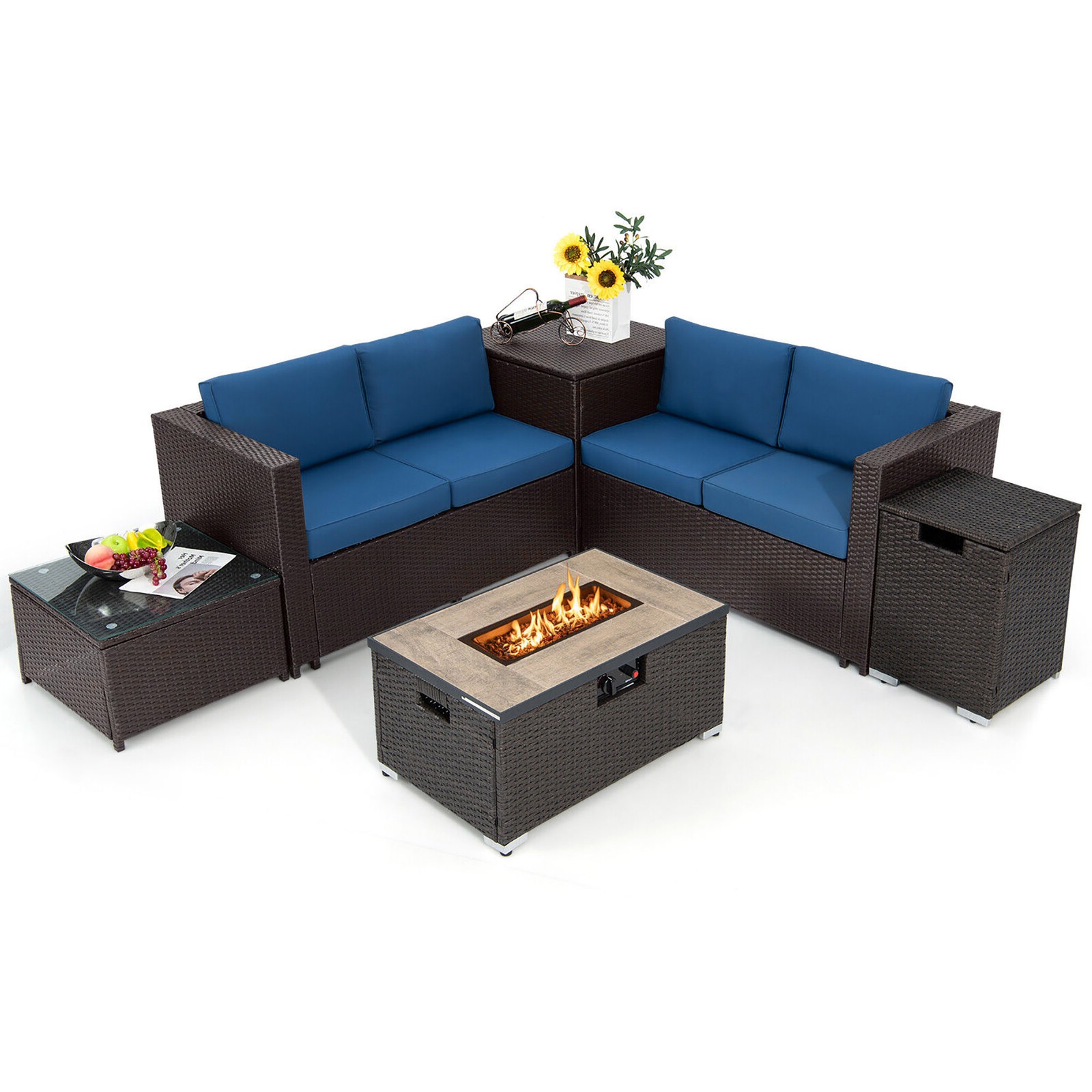 6 Piece Patio Sofa & Fire Table Set Rattan Sectional Sofa Set w/Storage Box Navy